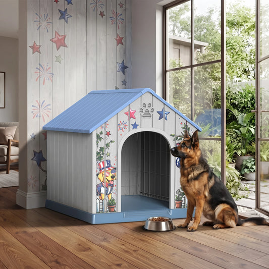 Outdoor Plastic Dog House, Weatherproof Pet Shelter with Printed Pattern Door, Outdoor Dog Cabin for Small Medium Dogs