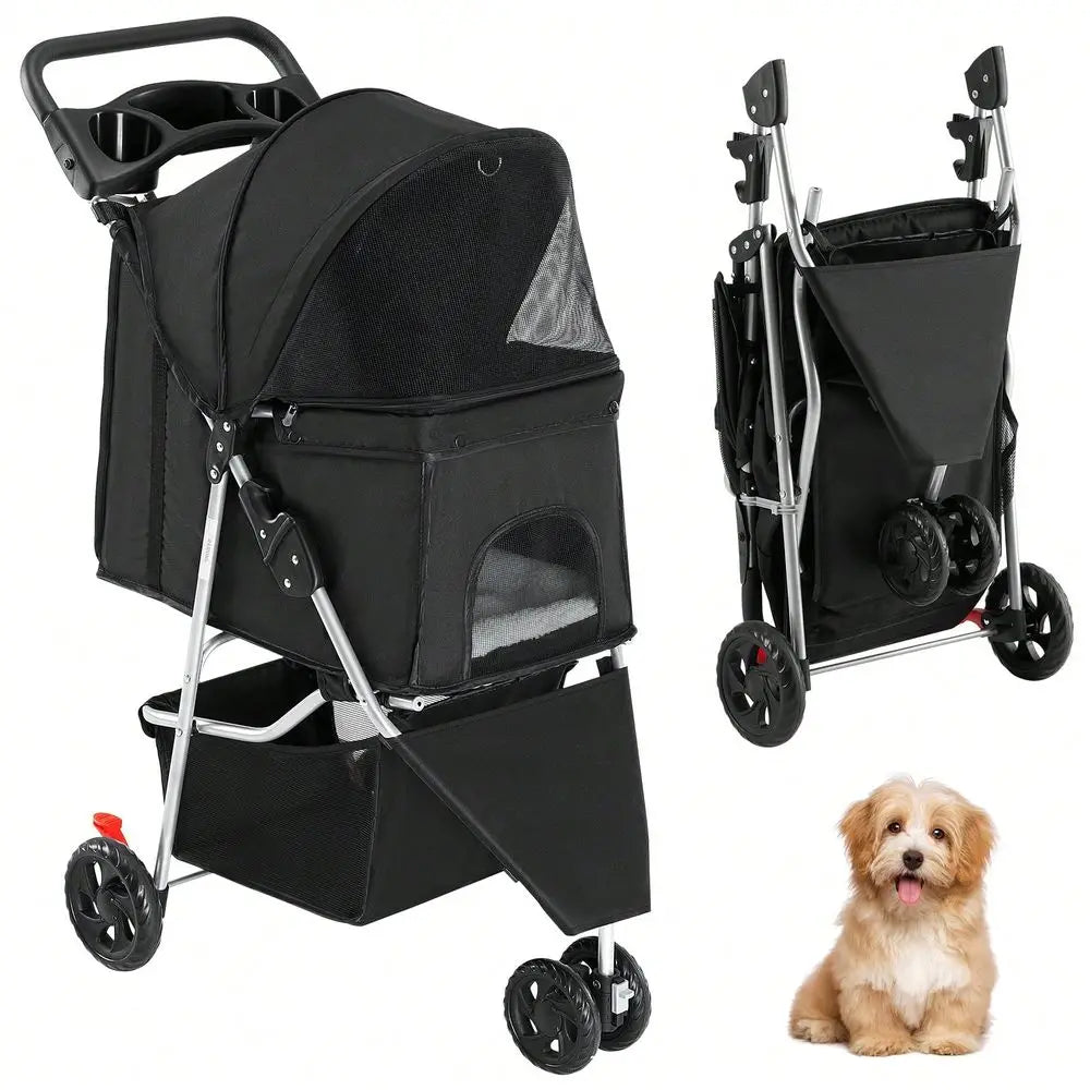 3 Wheels Pet Stroller, Cats And Dog Strollers With Storage Basket And Cup Holder, Breathable Mesh, Lightweight Travel Carrier,