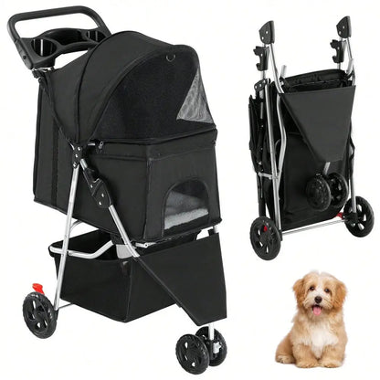 3 Wheels Pet Stroller, Cats And Dog Strollers With Storage Basket And Cup Holder, Breathable Mesh, Lightweight Travel Carrier,