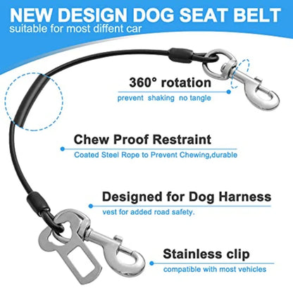 Dog Seat Belt Harness for Car, 2pcs Dog Seatbelt of Coated Wire Leash Safety Restraint, No Chew Tether Cable Vehicle Dogs Acces