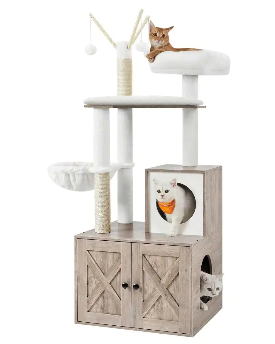 Cat Tree With Litter Box Enclosure, 2-In-1 Modern Cat Tower, 55.1-Inch Cat Condo With Scratching Posts, Removable Pompom Sticks, Greige