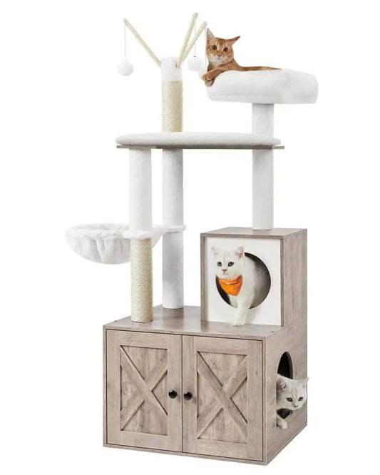 Cat Tree With Litter Box Enclosure, 2-In-1 Modern Cat Tower, 55.1-Inch Cat Condo With Scratching Posts, Removable Pompom Sticks, Greige