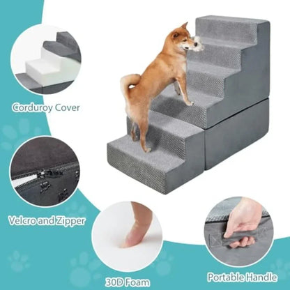 30 Dog Stairs for Small Dogs Cats to Access High Beds, Grey Polyester Fabric with Non-Slip Surface, No Assembly Required