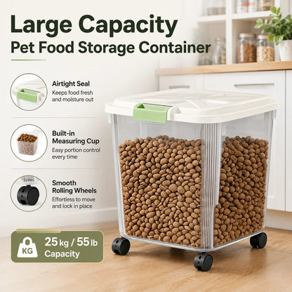 55Lbs Airtight Pet Food Storage Container with Wheels, Large Capacity Sealed Dog Cat Food Bin with Measuring Cup, Moisture Proof Rolling Pet Dry Food Storage Bucket for Dog Kibble Treats