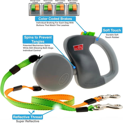 Self-Retracting Pet Leash with Dual Heads, 360-Degree Outdoor Dog Lead, One Leash for Two Dogs
