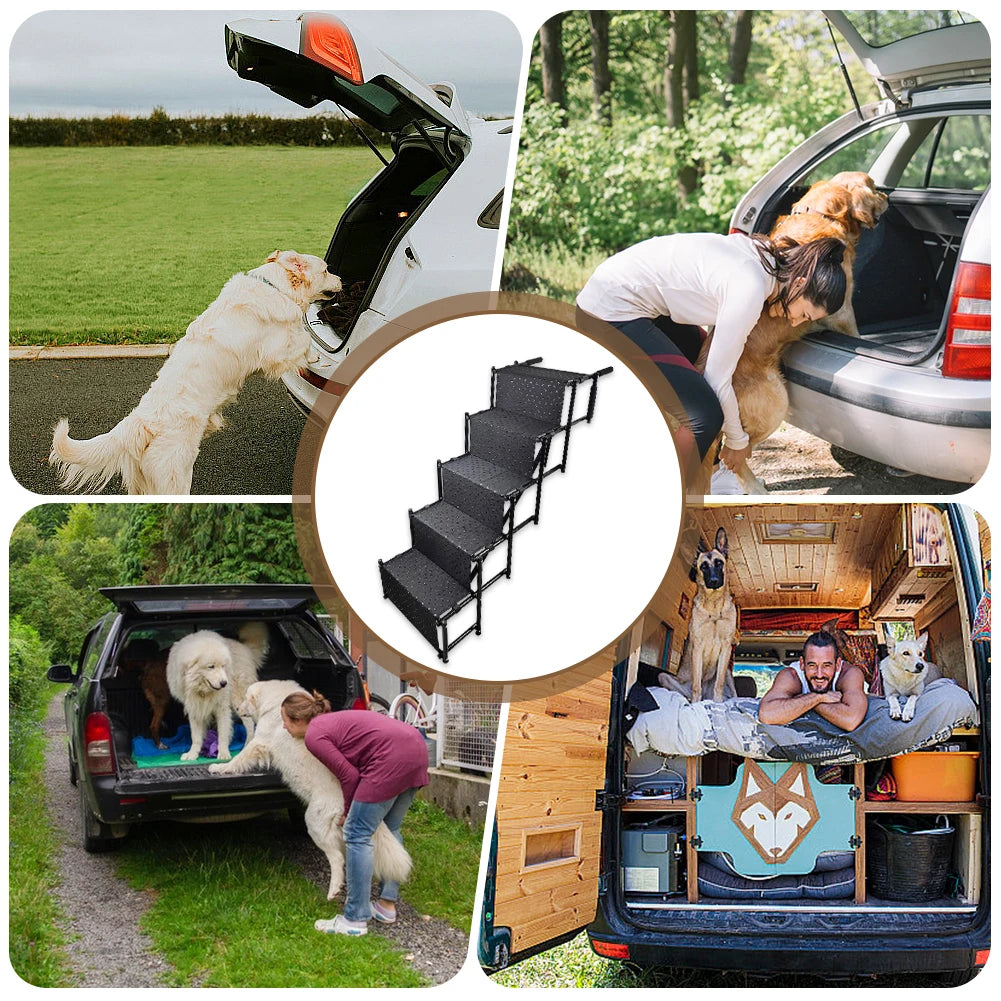 5 Steps Dog Car Ramp for Large Dog Support Up To 150 Lbs Foldable Pet Ladder Support Pet Stair for High Beds Trucks Cars and SUV