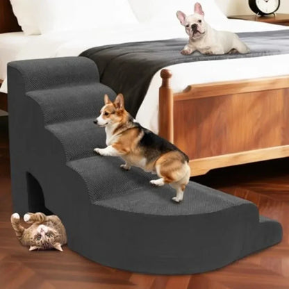 Dog Stairs for High Bed 28-32 Inches Tall, 6 Tier Pet Stairs for Small Dogs Indoor Use, Polyester Fabric, Gray, Non-Slip Surfac