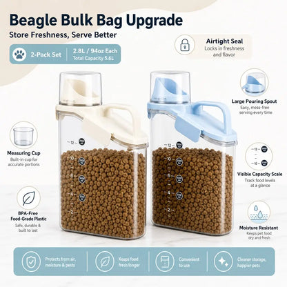2-Pack Pet Food Dispenser Containers With Measuring Cups, Airtight Pantry Organizer For Kibble And Treats