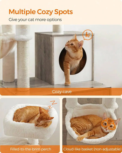 Cat Tree With Litter Box Enclosure, 2-In-1 Modern Cat Tower, 55.1-Inch Cat Condo With Scratching Posts, Removable Pompom Sticks, Greige