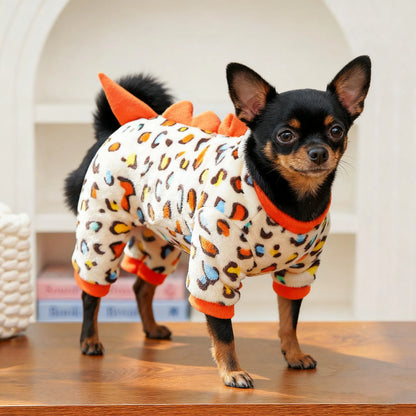Leopard Dinosaur Dog Costume! Pet Winter Clothes Warm Fleece Jumpsuit Halloween Pajamas for Small Medium Dogs