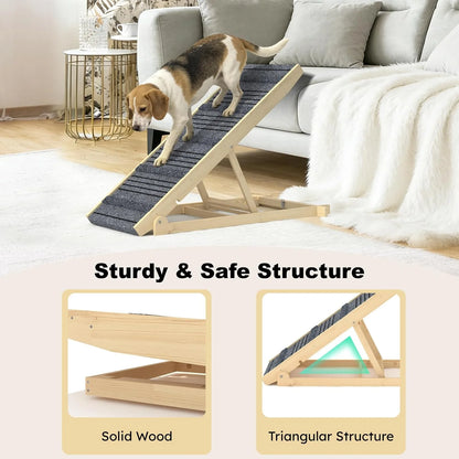 Adjustable Dog Ramp Pet Wooden Folding Dog & Cat Stair for Couch High Bed Non Slip Carpet Surface 7 Levels Height Adjustable