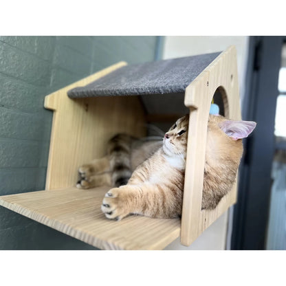 1pc Wall Mounted Cat Condo Villa Wooden Cats Climbing Floating Shelf Kitten House Wall Furniture for Sleeping and Resting