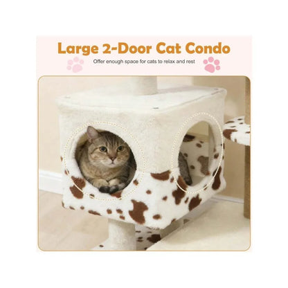 Modern Cat Tree With Wide Upholstered Perch and 2-Entrance Cat Condo Scratching Posts