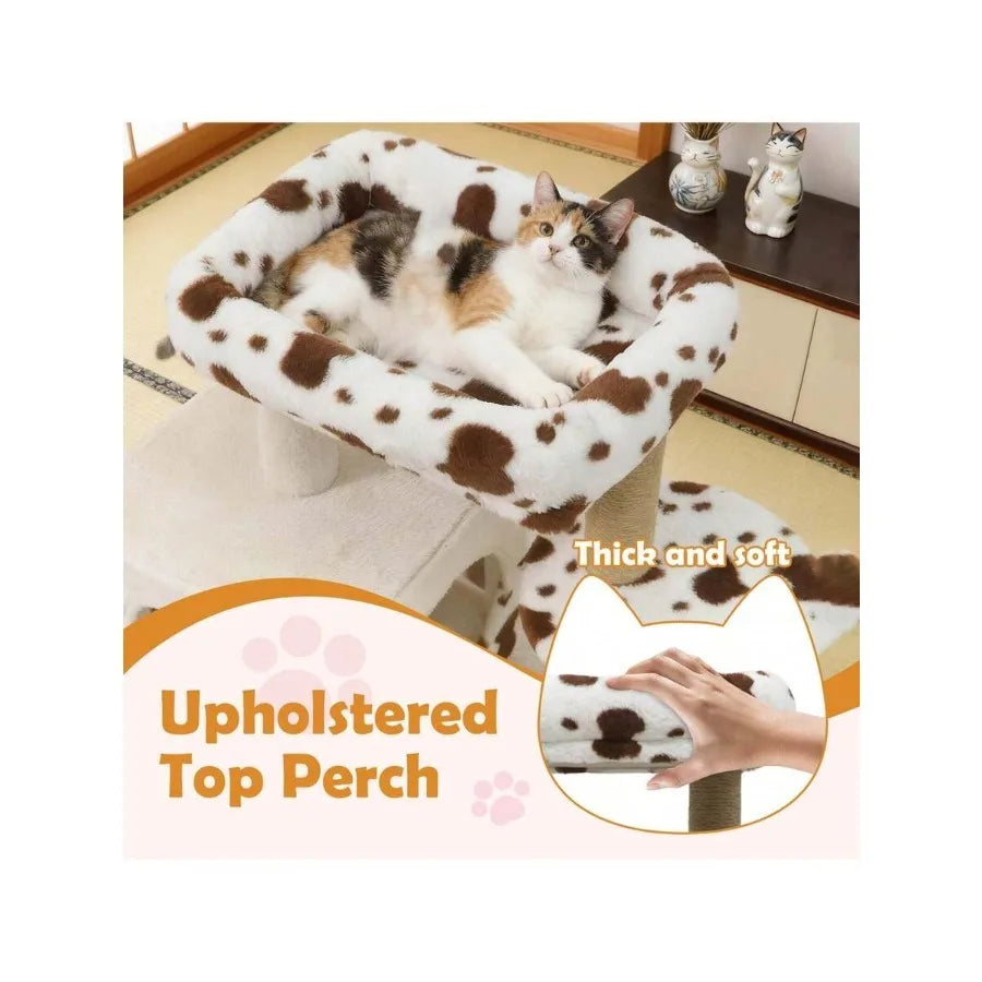 Modern Cat Tree With Wide Upholstered Perch and 2-Entrance Cat Condo Scratching Posts