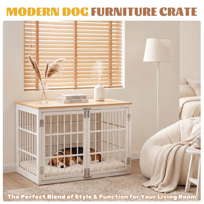 JHK 38 Inch Iron Wood Dog Cage with Double Lock Doors Heavy Duty Extra Large Pet Kennel for Indoor Outdoor Dog Kennel Furniture