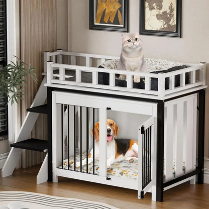 Pet Bunk Bed,Dog Window Perch with Stairs and Storage, Dogs/Cats Crate urniture, with Multi-pose Blanket and Indoor Dog Bed or S