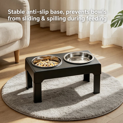 Raised Adjustable Height Dog Feeder Elevated Double Stainless Steel Pet Food Water Bowl Non‑Slip Base Anti‑Spill Design Ergonomic Dog Bowl Stand With Slow‑Feed Bowl For Small Medium Large Dogs Daily Feeding Supplies