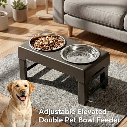 Raised Adjustable Height Dog Feeder Elevated Double Stainless Steel Pet Food Water Bowl Non‑Slip Base Anti‑Spill Design Ergonomic Dog Bowl Stand With Slow‑Feed Bowl For Small Medium Large Dogs Daily Feeding Supplies