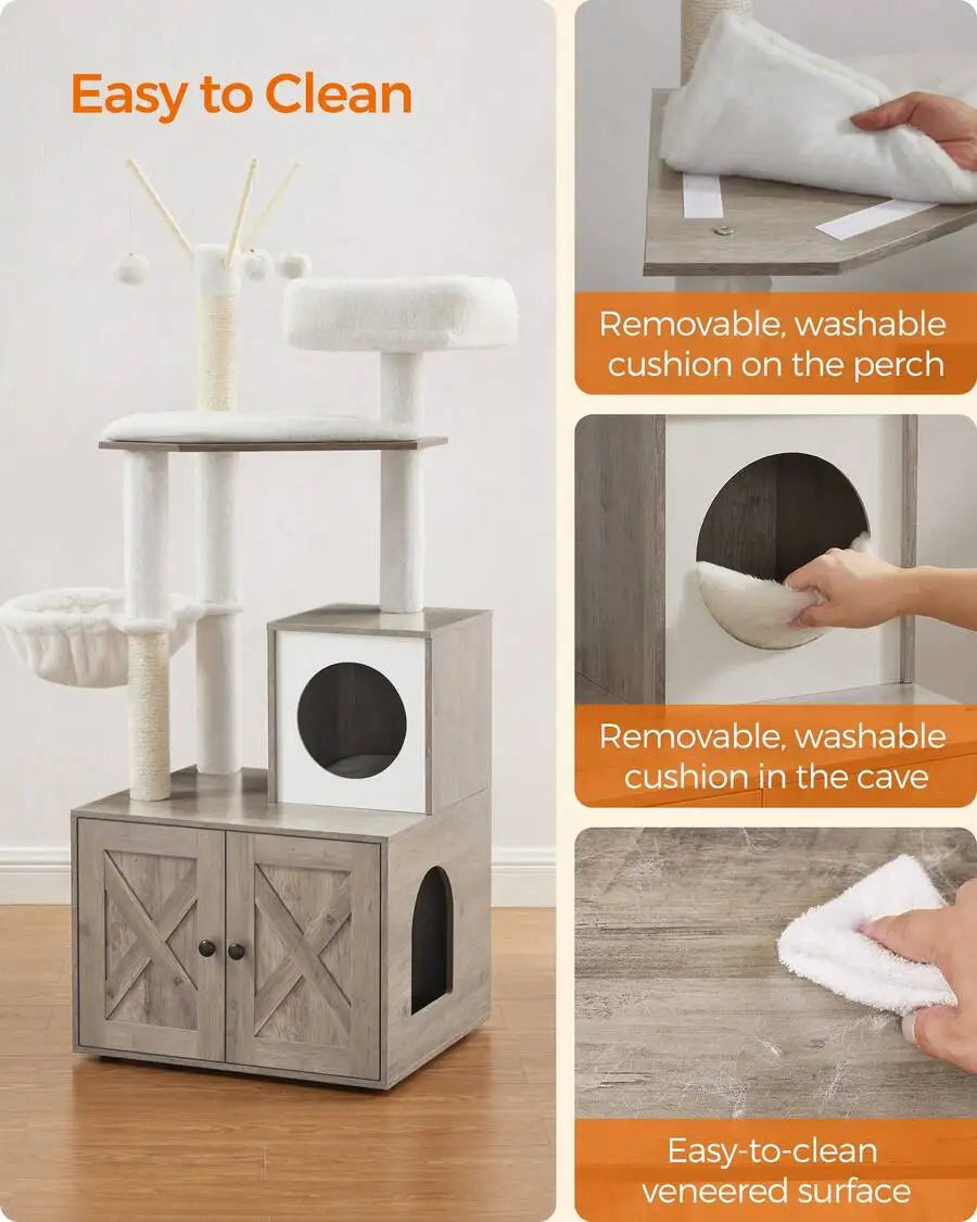 Cat Tree With Litter Box Enclosure, 2-In-1 Modern Cat Tower, 55.1-Inch Cat Condo With Scratching Posts, Removable Pompom Sticks, Greige