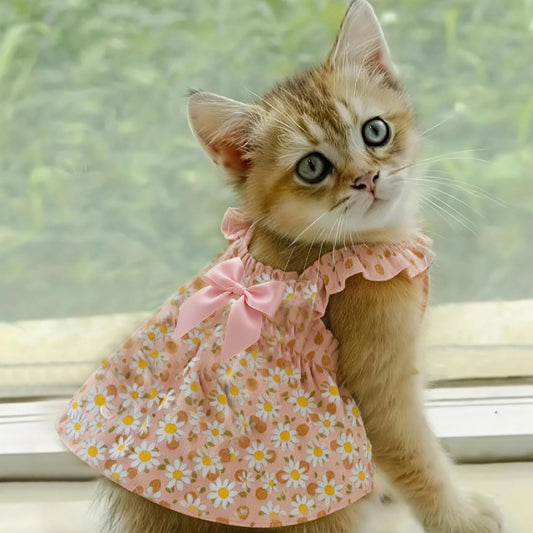 1pc Cat Skirt Pet Dress Dog Summer Dress Romantic Style With Pink Floral Print, Small Dog Clothes Pet Clothing Chihuahua Skirt