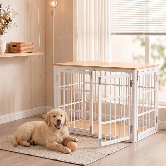 JHK 38 Inch Iron Wood Dog Cage with Double Lock Doors Heavy Duty Extra Large Pet Kennel for Indoor Outdoor Dog Kennel Furniture
