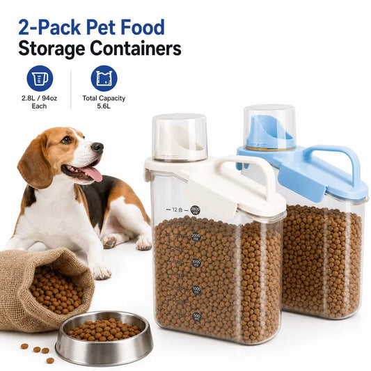 2-Pack Pet Food Dispenser Containers With Measuring Cups, Airtight Pantry Organizer For Kibble And Treats