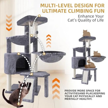 Three Layer Cat Tree with Cat Condo Scratch Pad and Two Hammocks, 3-Tier Cat Tree, Natural Sisal, Replaceable Hanging Balls, St