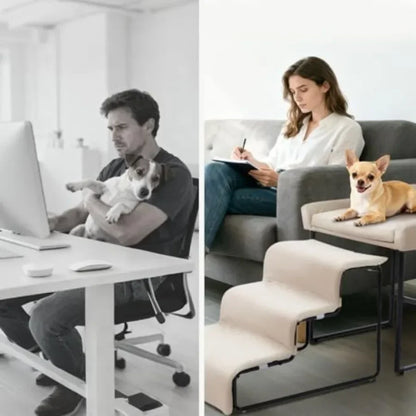 Dog window perch with stairs for indoor use, plush foam upholstery in gray, soft comfort and easy access for small pets