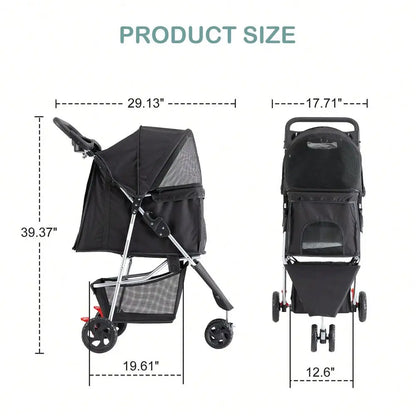 3 Wheels Pet Stroller, Cats And Dog Strollers With Storage Basket And Cup Holder, Breathable Mesh, Lightweight Travel Carrier,