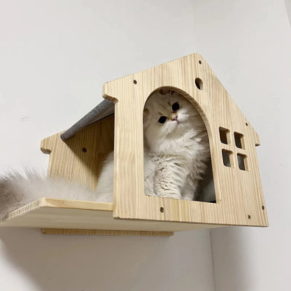 1pc Wall Mounted Cat Condo Villa Wooden Cats Climbing Floating Shelf Kitten House Wall Furniture for Sleeping and Resting