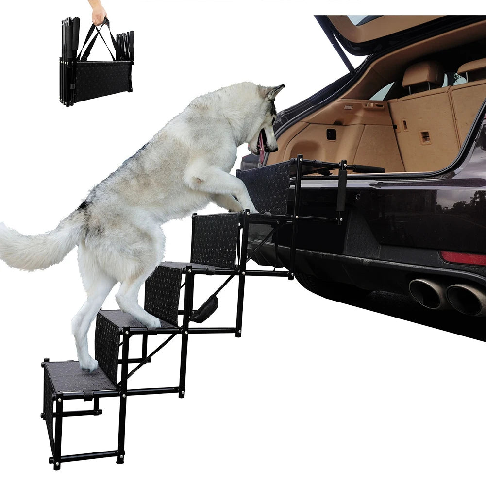 5 Steps Dog Car Ramp for Large Dog Support Up To 150 Lbs Foldable Pet Ladder Support Pet Stair for High Beds Trucks Cars and SUV