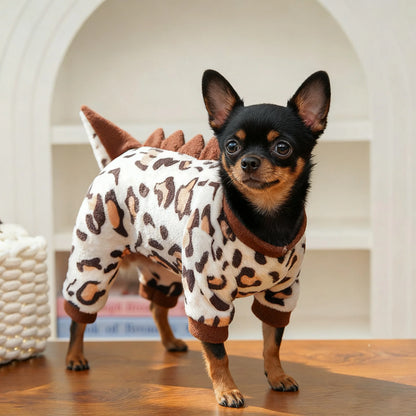 Leopard Dinosaur Dog Costume! Pet Winter Clothes Warm Fleece Jumpsuit Halloween Pajamas for Small Medium Dogs