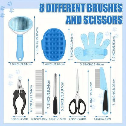 9pcs Dog Grooming Brush Deshedding Kit - Self-Cleaning Slicker Brush, Dematting Rake, Flea Comb, Nail Clippers & File, Pet Grooming Tools With Adjustable Strap And Scissors, For Dogs