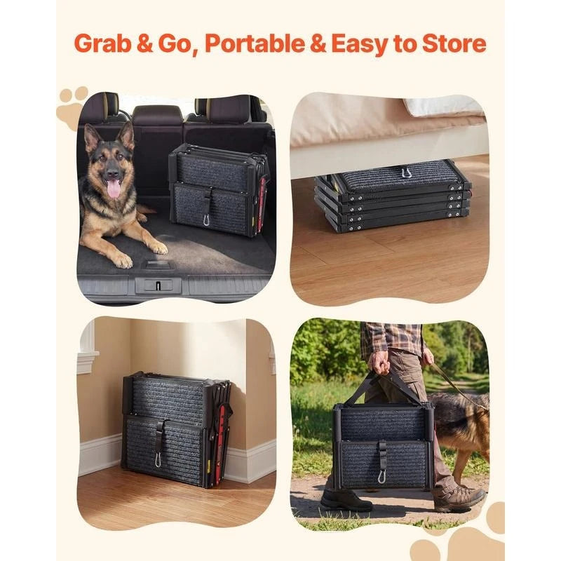 Dog Stairs for Car, 4 Steps Extra Wide Foldable Dog Ramp for Large Dogs with Non-Slip Rug Surface, Portable Lightweight Pet Ladder for Car, SUV, Truck, High Beds, Sofas, Support up to 200 lbs