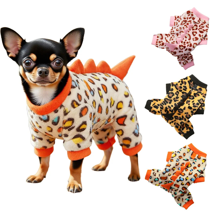 Leopard Dinosaur Dog Costume! Pet Winter Clothes Warm Fleece Jumpsuit Halloween Pajamas for Small Medium Dogs