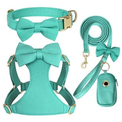 Small dog harness collar leash set for XS dogs, nylon with pink bows, adjustable step-in vest for walking and holiday outfits