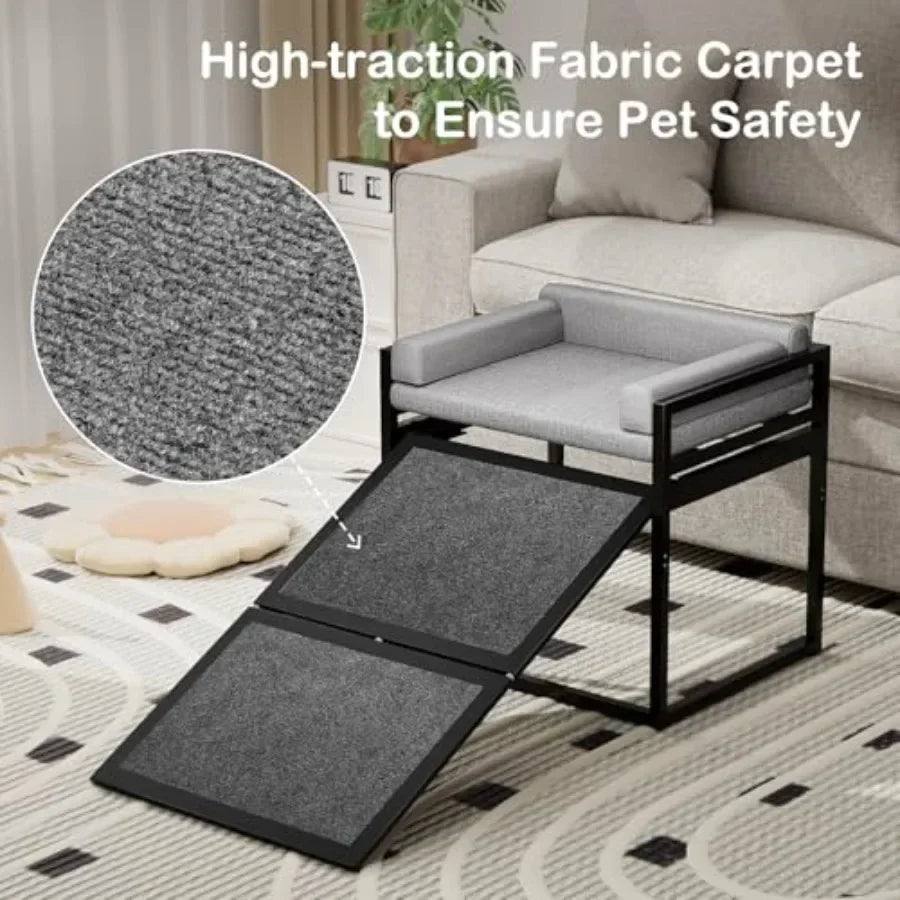 Non-slip dog ramp with extra-wide grey seat, metal frame, washable cushion, for high beds/couches/office; ideal for dachshunds,