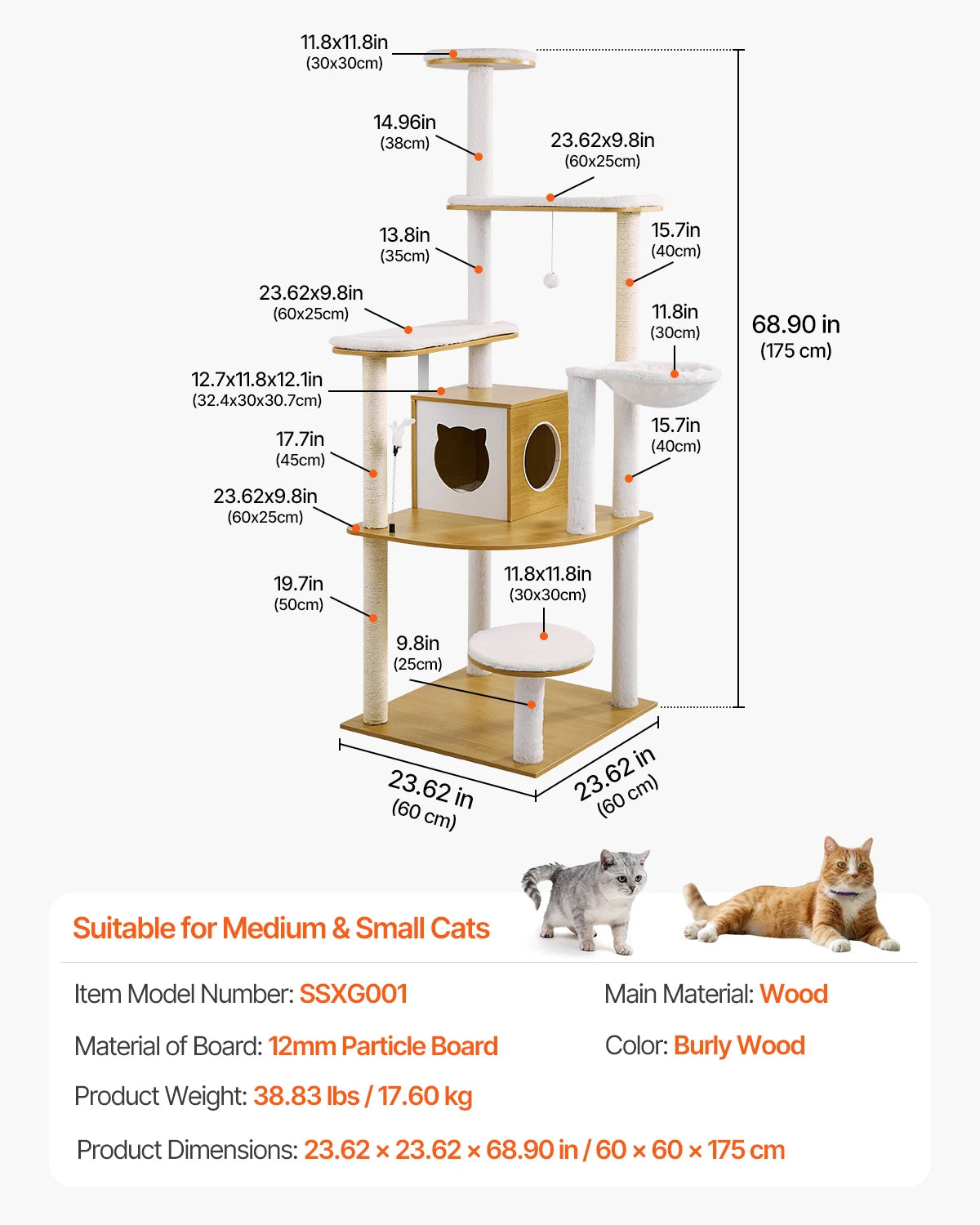 VEVOR Large Cat Tree 68.9inch Tall Multi-level Cat Condo Furniture Activity Center with Cozy Perches Big Kitten House for Indoor