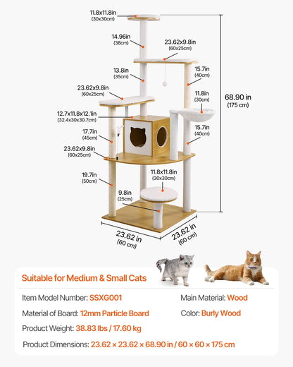 VEVOR Large Cat Tree 68.9inch Tall Multi-level Cat Condo Furniture Activity Center with Cozy Perches Big Kitten House for Indoor