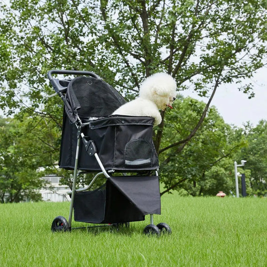 3 Wheels Pet Stroller, Cats And Dog Strollers With Storage Basket And Cup Holder, Breathable Mesh, Lightweight Travel Carrier,
