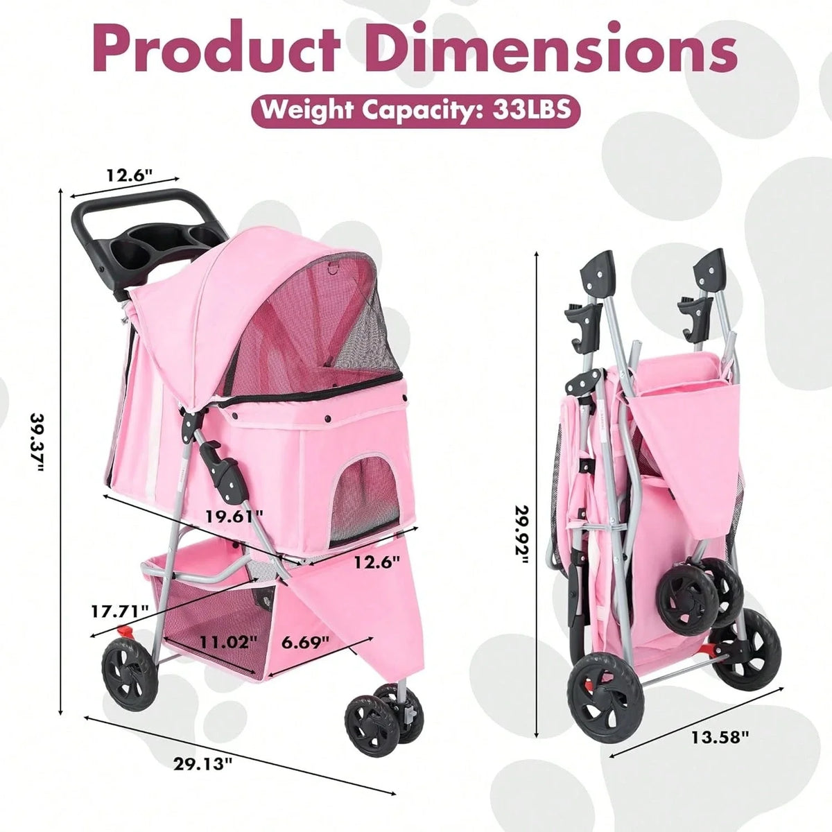 3 Wheels Pet Stroller, Cats And Dog Strollers With Storage Basket And Cup Holder, Breathable Mesh, Lightweight Travel Carrier,