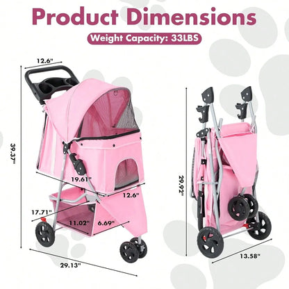 3 Wheels Pet Stroller, Cats And Dog Strollers With Storage Basket And Cup Holder, Breathable Mesh, Lightweight Travel Carrier,