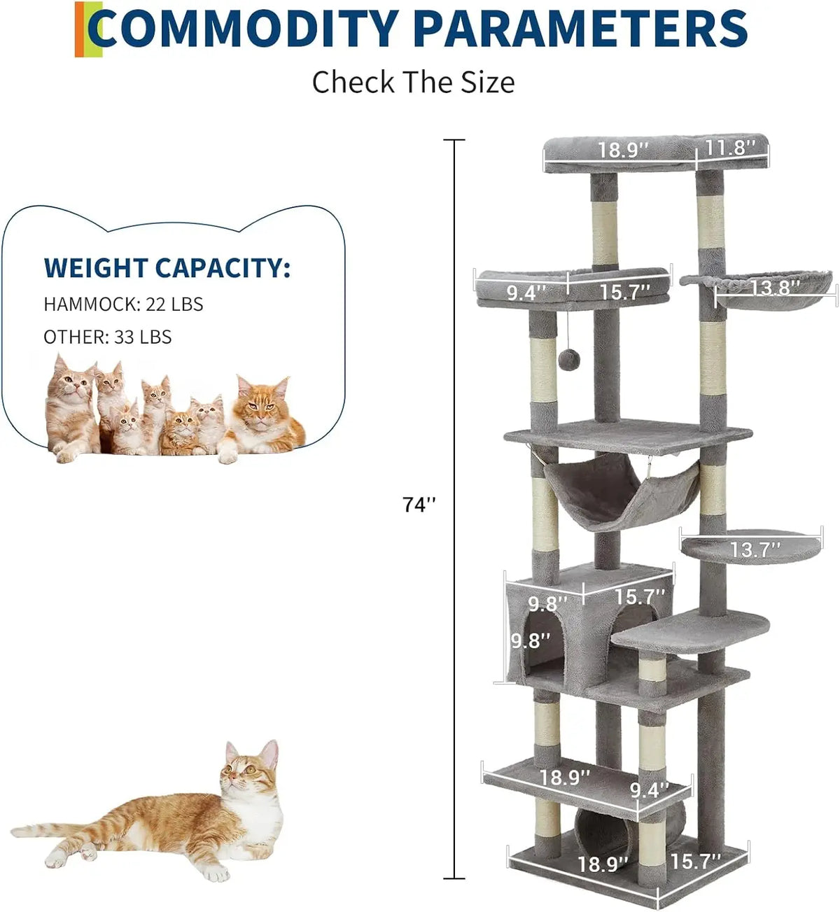 Cat Scratching Post Wear-Resistant Lint-Free Scratch-Resistant Pet Grooming Tool with Scratching Posts, Condo, Perches, Hammock & Tunnel Heavy Duty Cat Furniture for Indoor Cats