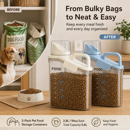 2-Pack Pet Food Dispenser Containers With Measuring Cups, Airtight Pantry Organizer For Kibble And Treats