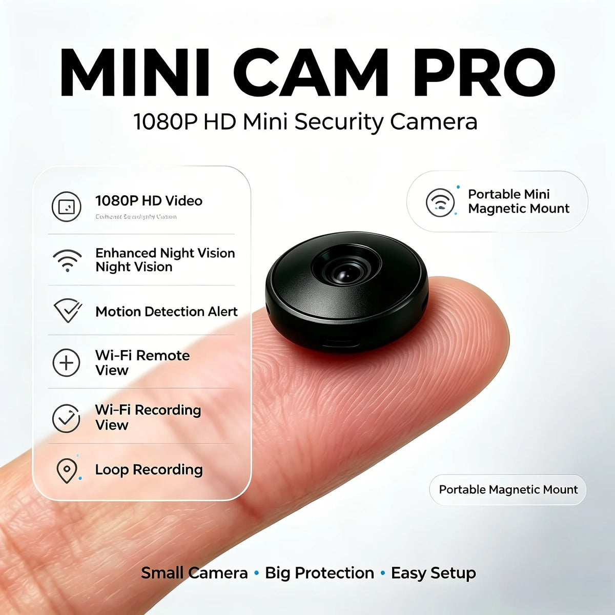 1080P HD Mini Security Camera Wireless WiFi Indoor Camera Magnetic Mount Night Vision Motion Detection Loop Recording Remote View for Home Baby Pet Office Surveillance