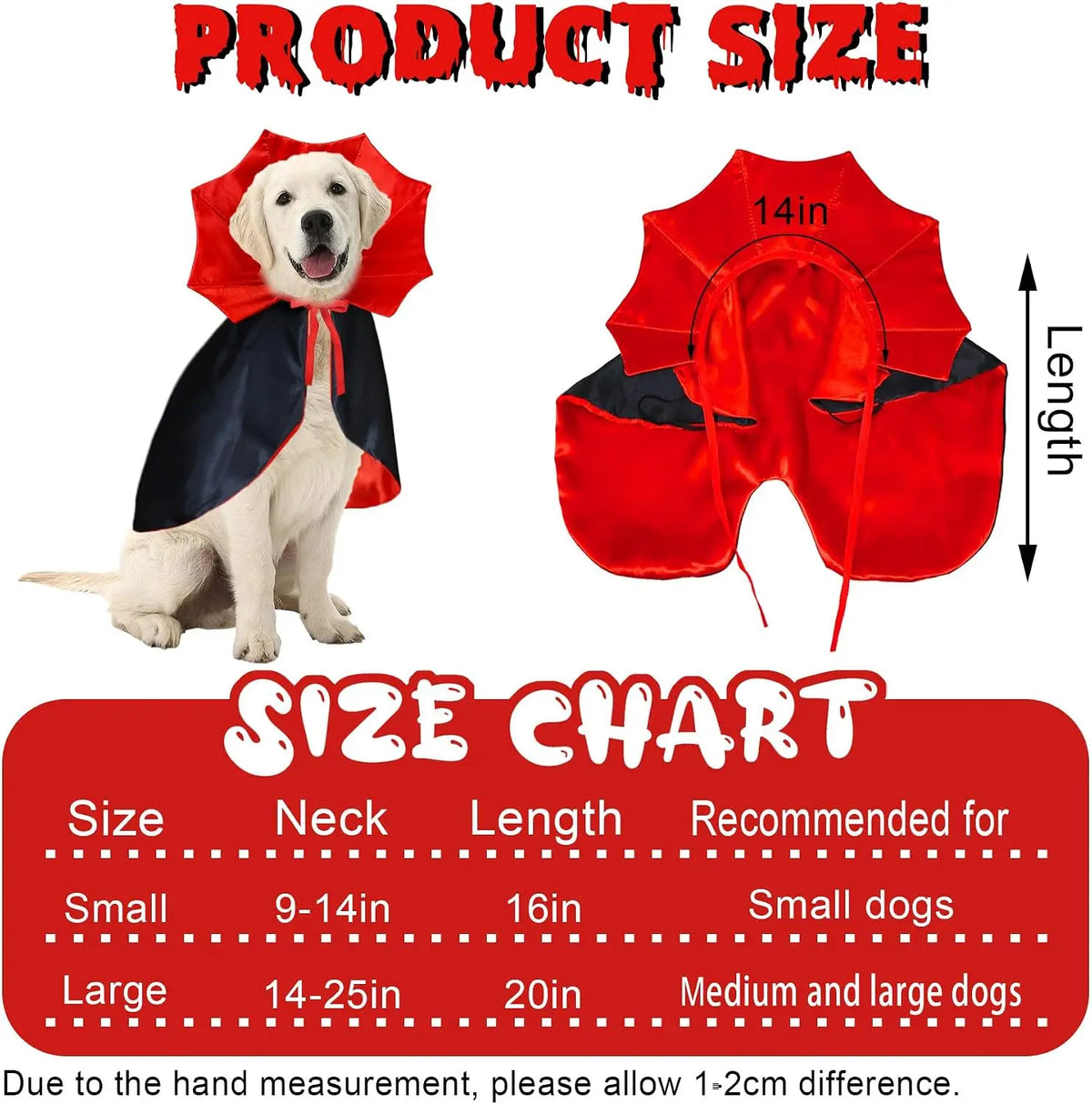 Dog Halloween Costumes, Dog Vampire Devil Cloak Cape Costume Halloween Costumes for Small Medium Large Dogs Pets (Large)