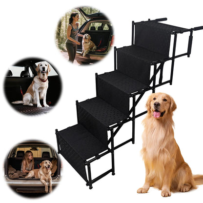 5 Steps Dog Car Ramp for Large Dog Support Up To 150 Lbs Foldable Pet Ladder Support Pet Stair for High Beds Trucks Cars and SUV
