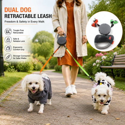 Self-Retracting Pet Leash with Dual Heads, 360-Degree Outdoor Dog Lead, One Leash for Two Dogs