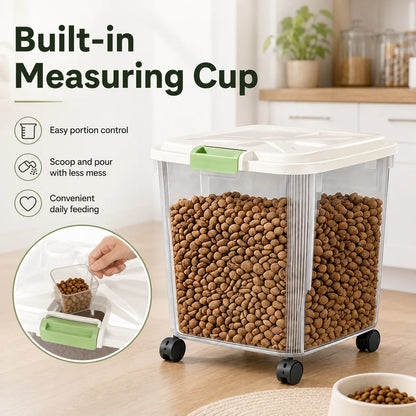 55Lbs Airtight Pet Food Storage Container with Wheels, Large Capacity Sealed Dog Cat Food Bin with Measuring Cup, Moisture Proof Rolling Pet Dry Food Storage Bucket for Dog Kibble Treats