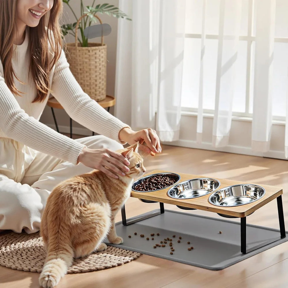 3 Bowls Cat Bowl Stand Iron Frame Elevated Pet Feeder Silicone Cat Bowl Mat Waterproof Anti-slip Pet Feeding Mat for Cats